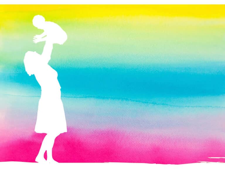 A colourful illustration with a silhouette of a woman holding a child