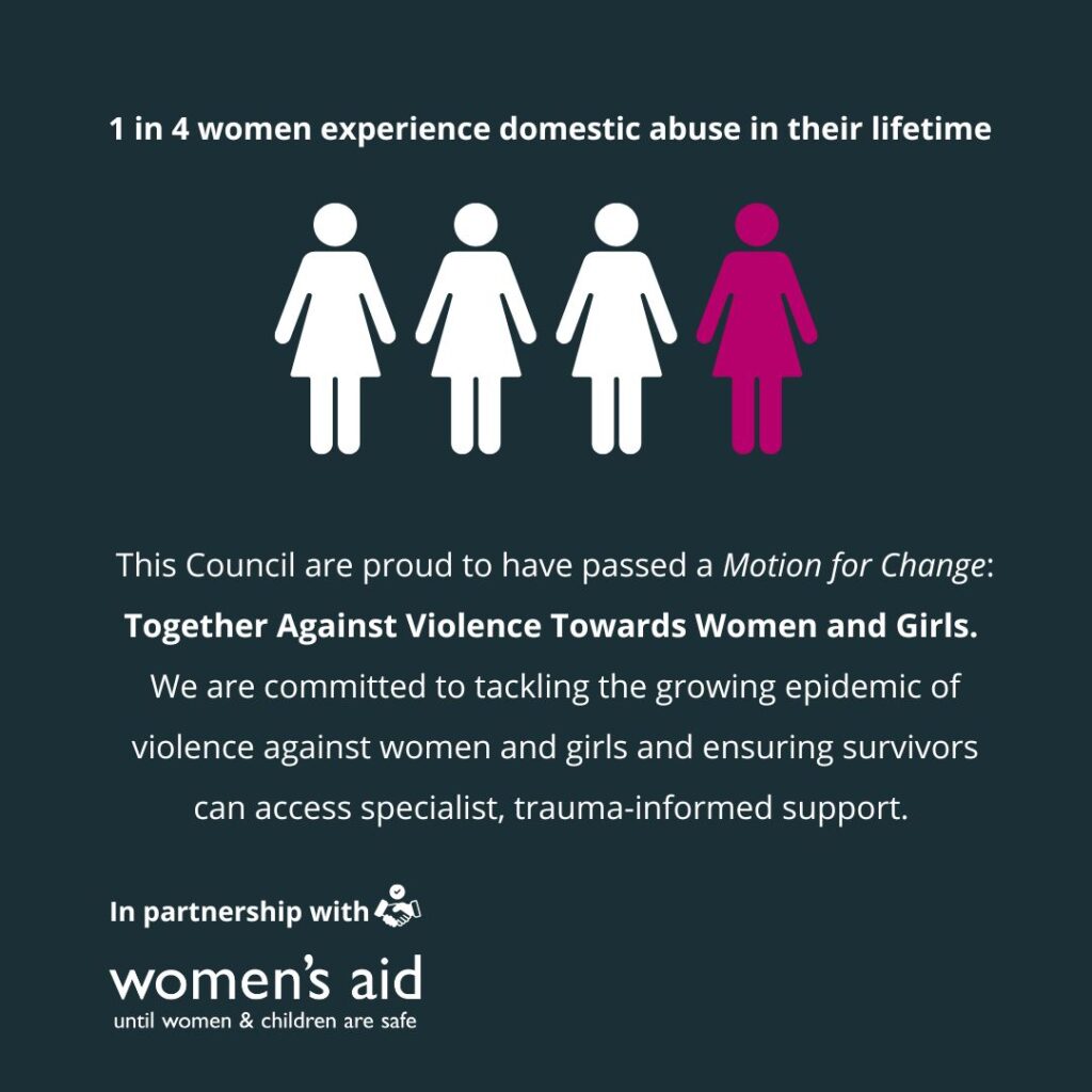 1 in 4 women experience domestic abuse in their lifetime. This Council are proud to have passed a Motion for Change: Together Against Violence Towards Women and Girls. We are committed to tackling the growing epidemic of violence against women and girls and ensuring survivors can access specialist, trauma-informed support.