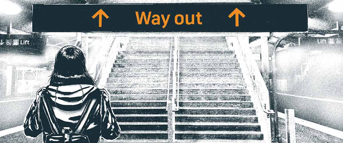 An illustration of someone in a railway station with a sign that says 'way out' which points to stairs